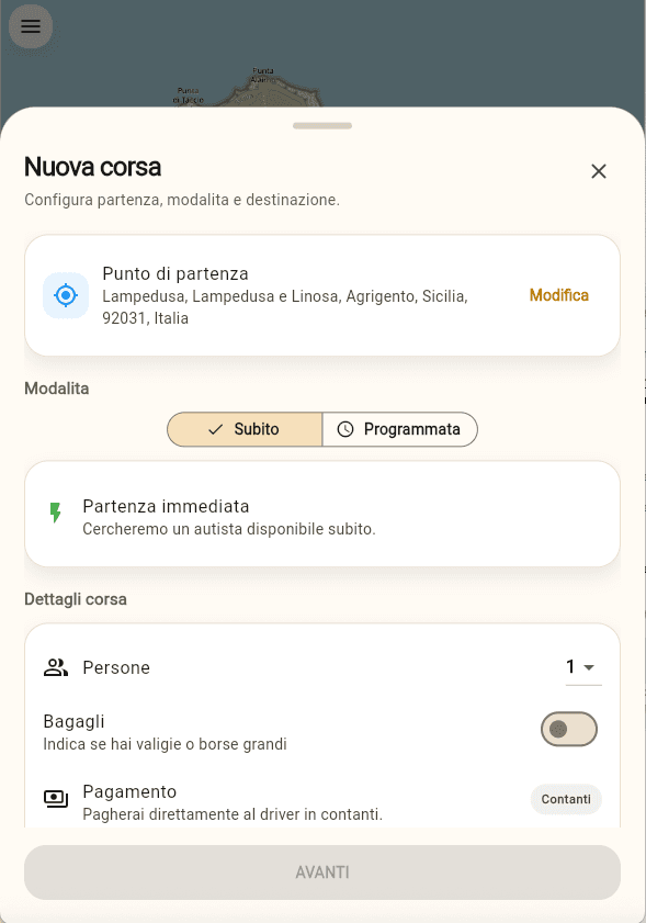 Schermata di configurazione della corsa nell'app Mobility Lampedusa