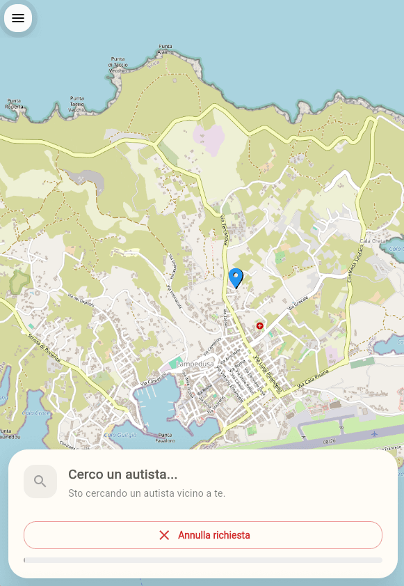 Schermata di ricerca autista nell'app cliente Mobility Lampedusa